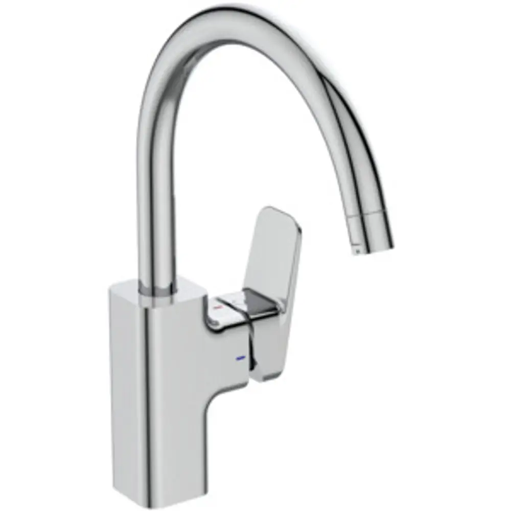 Küchenarmatur aus Chrom mit einem hohen, geschwungenen Rohrauslauf und seitlichem Bedienhebel. Hergestellt von Ideal Standard.